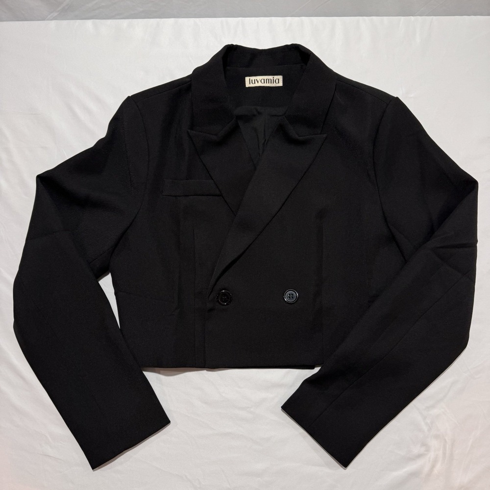 Luvamia Cropped Double Breasted Blazer Jacket Size M Black Notched Lapel Button